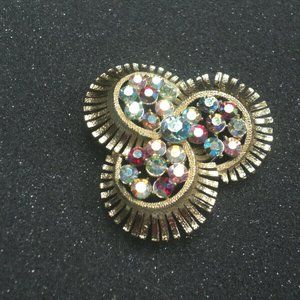 Coro Vintage Brooch Gold Toned, Iridescent Multicolor AB Rhinestones 2" x 2" Pin